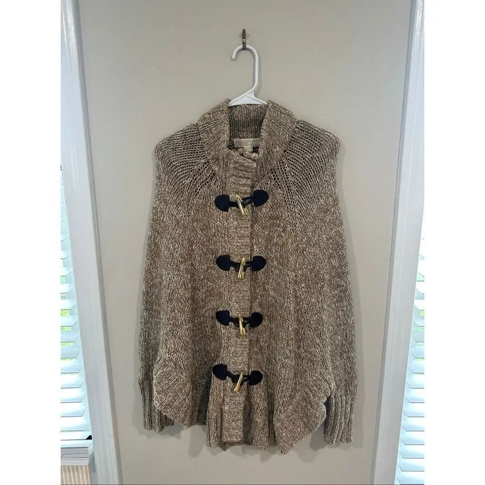 Michael Kors Tan White Marled Knit Cape Cardigan Toggles M